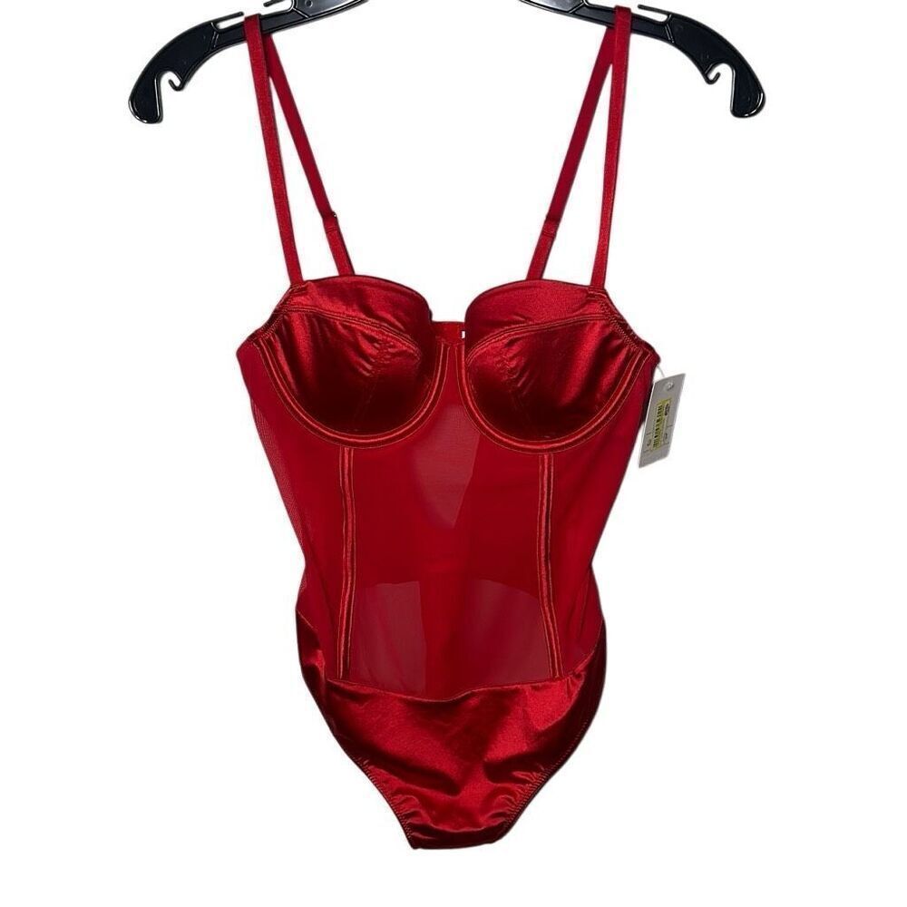 Auden Women’s Size Small Sexy Lingerie Bodysuit Red Satin Mesh Lightly Lined NWT